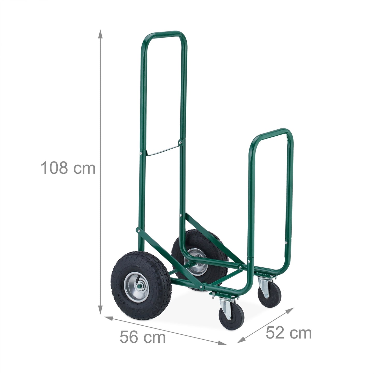 Green firewood cart with pneumatic tires
