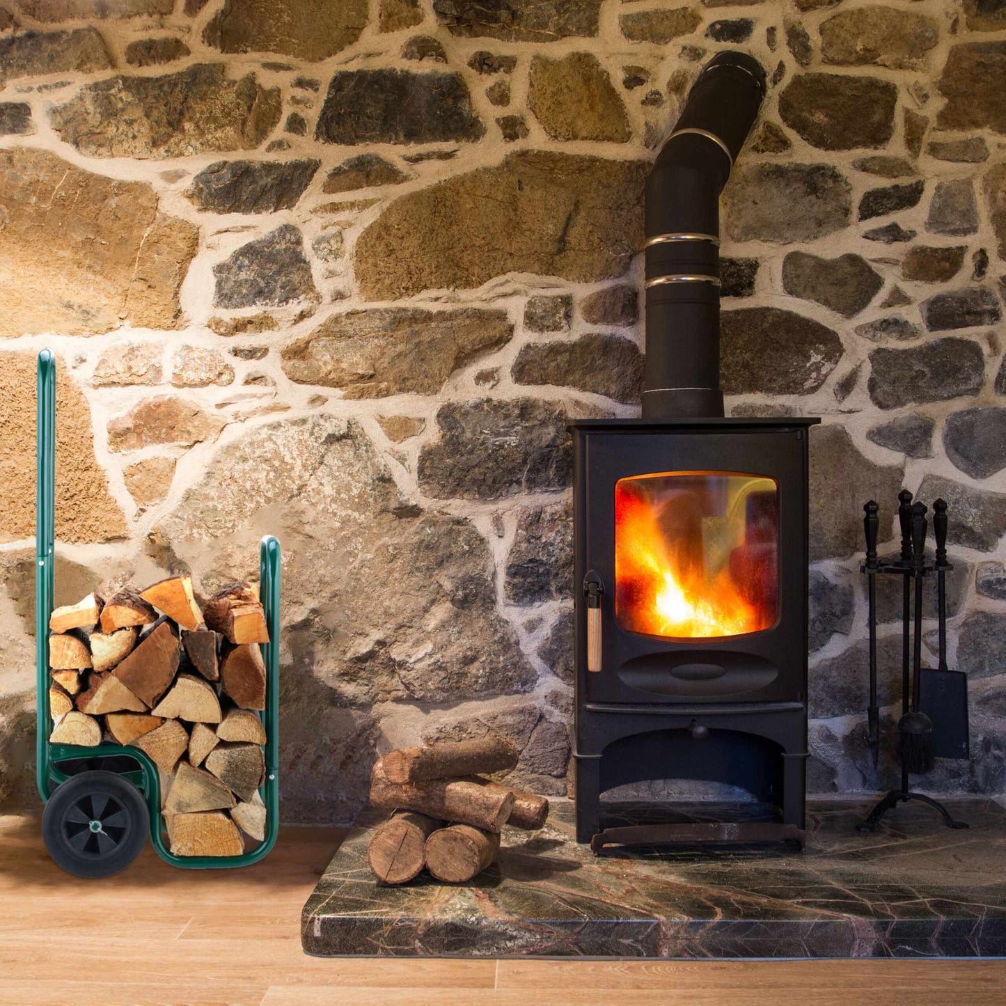 Green firewood cart with rubber tires