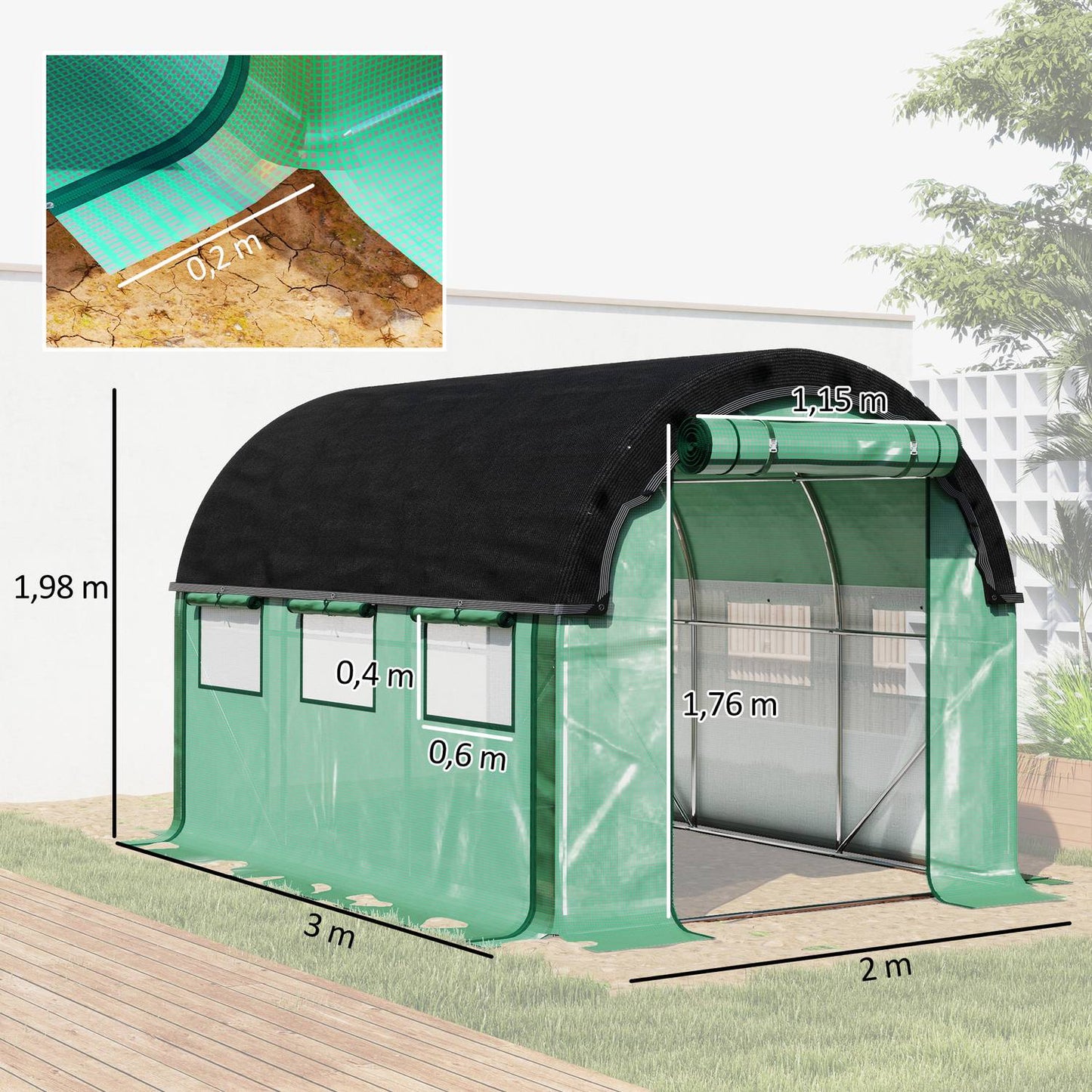 Greenhouse 3x2x2m with Roll-Up Sides & UV protection