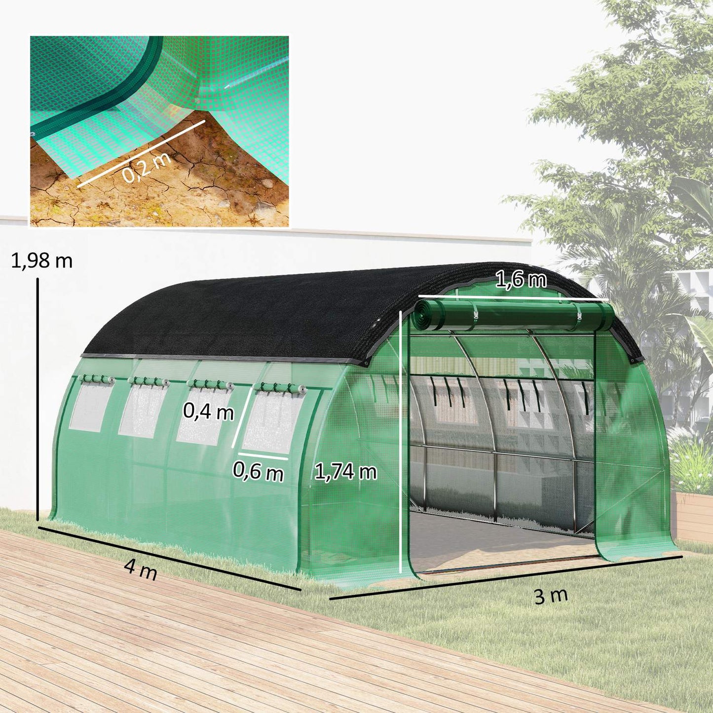 Greenhouse 4x3x2m, UV resistant, 8 windows, winterproof