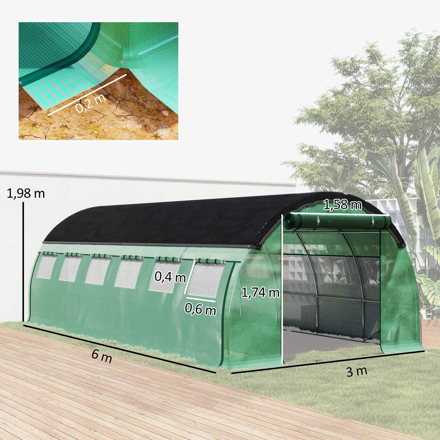 Greenhouse 6x3x2m with UV-resistant film, 12 windows