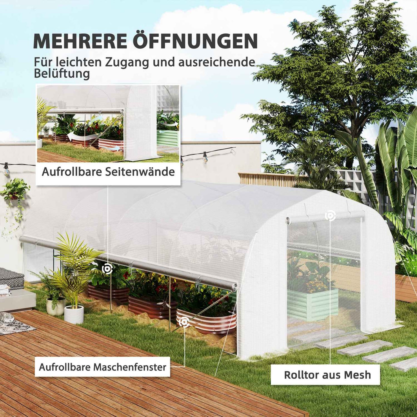 UV-resistant 6x3x2m Greenhouse, Roll-Up Sides, Steel Frame