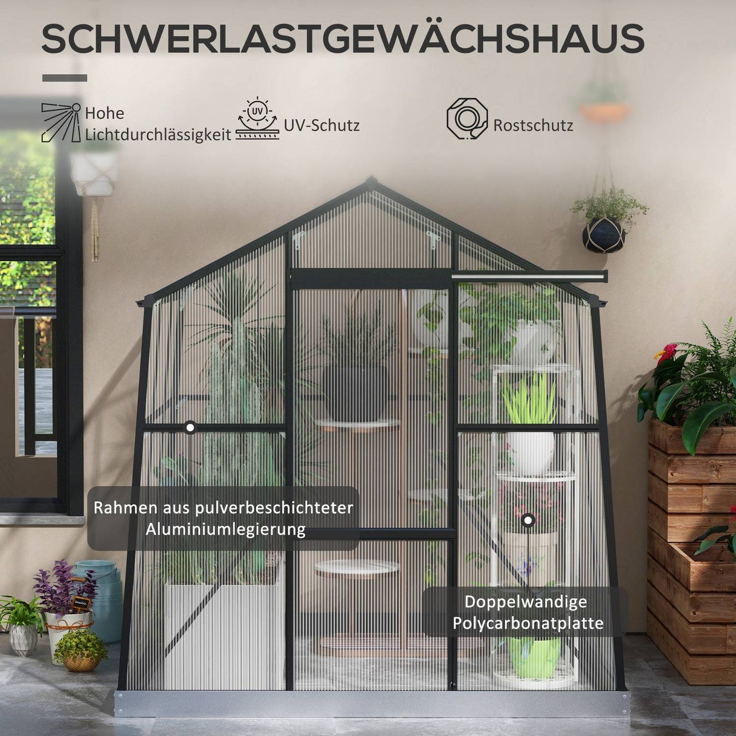 Aluminum greenhouse with sliding door, 3.68 m², black