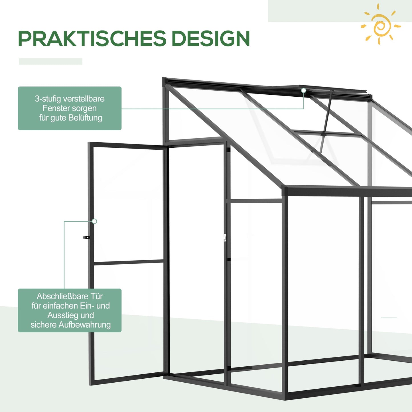 Greenhouse shed, lockable door & adjustable roof, black aluminium