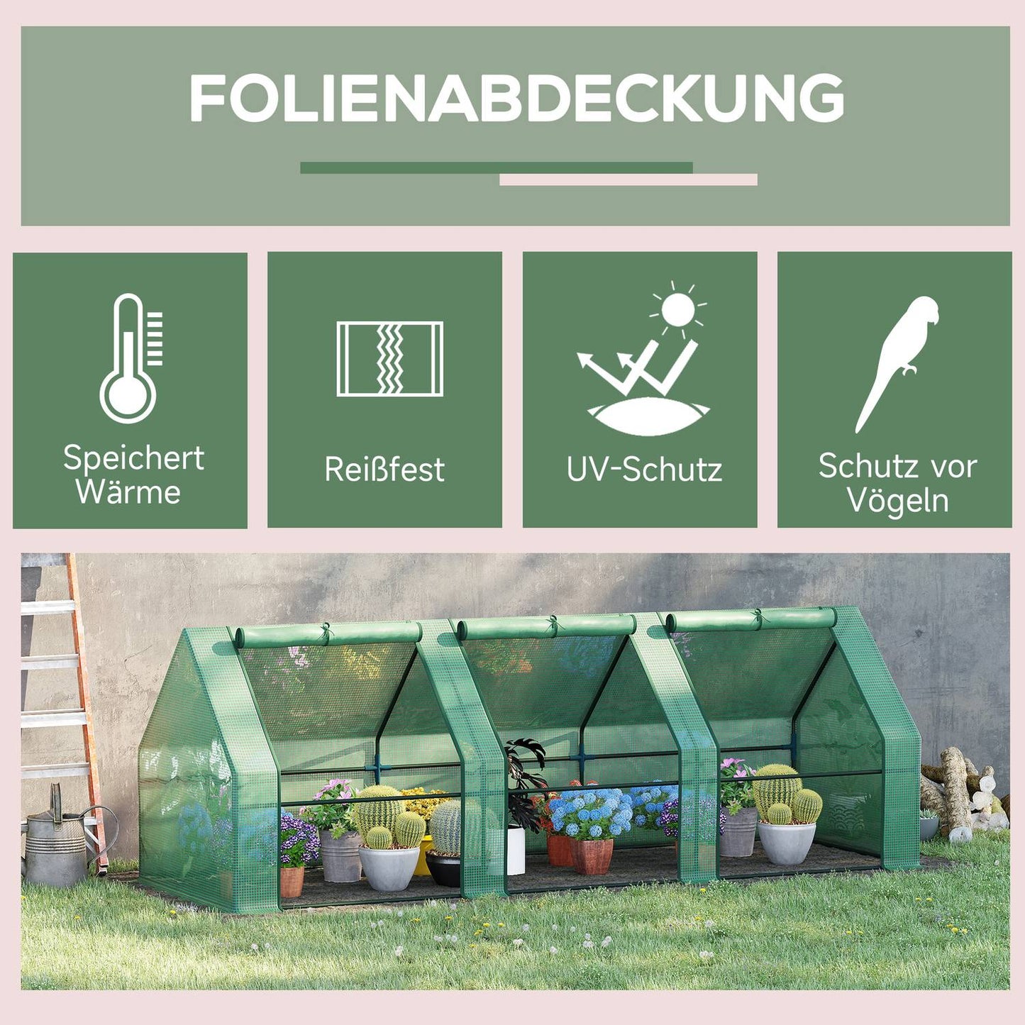 Greenhouse Cold frame for Garden & Balcony, 270x90x90 cm, Green