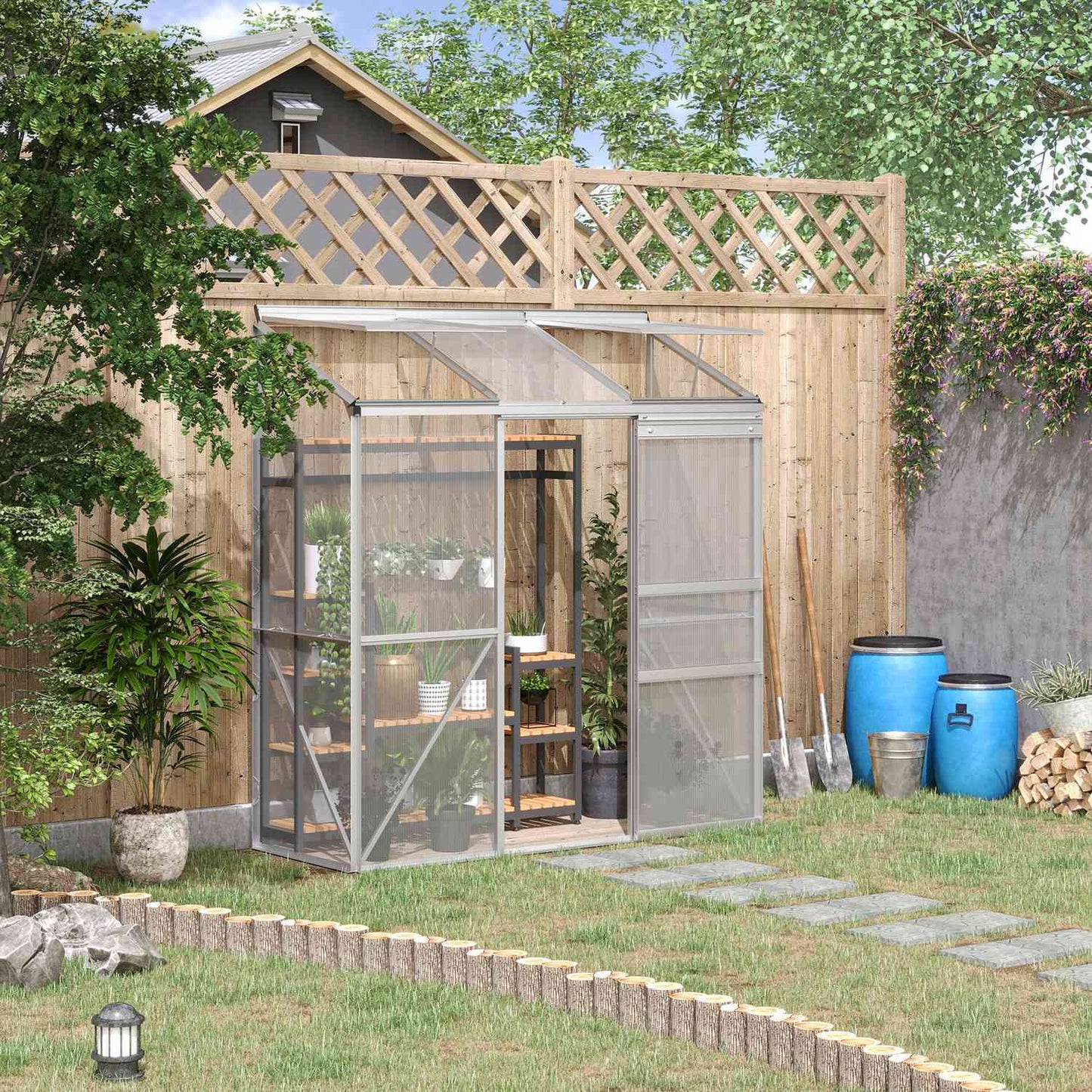 Polycarbonate greenhouse with sliding door for garden use