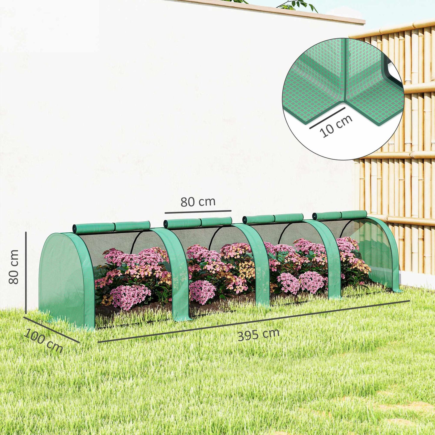 Greenhouse Tunnel, 4 Zipper Windows, Steel Frame, 395x100x80 cm