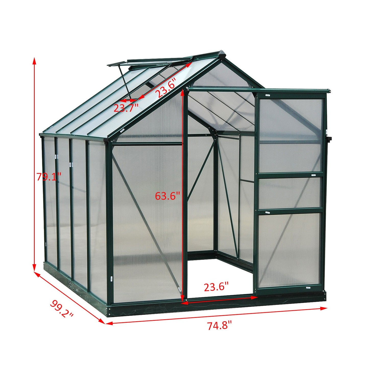 Aluminum frame Walk-In greenhouse, skylight and door, 190x252x201cm