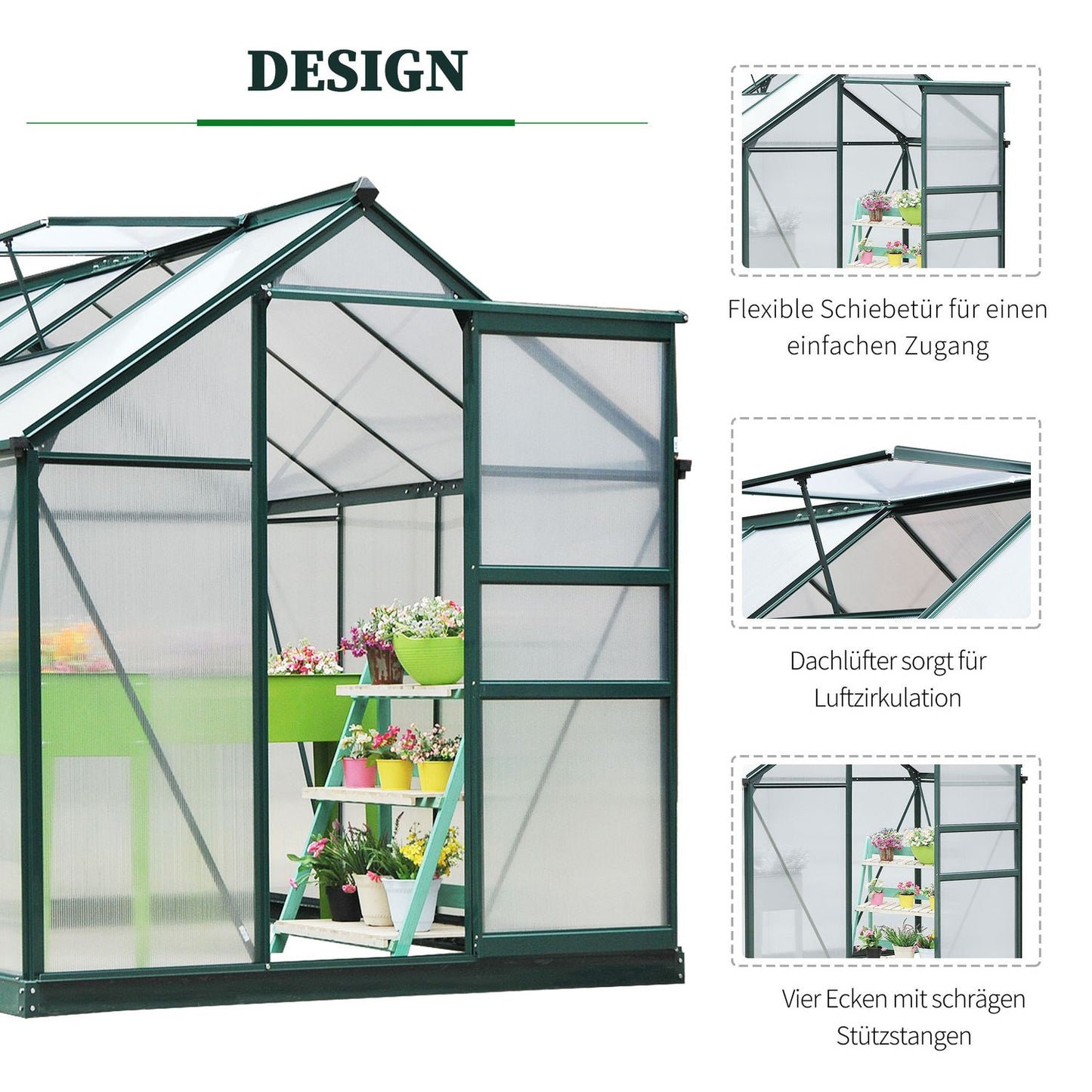 Aluminum frame Walk-In greenhouse, skylight and door, 190x252x201cm