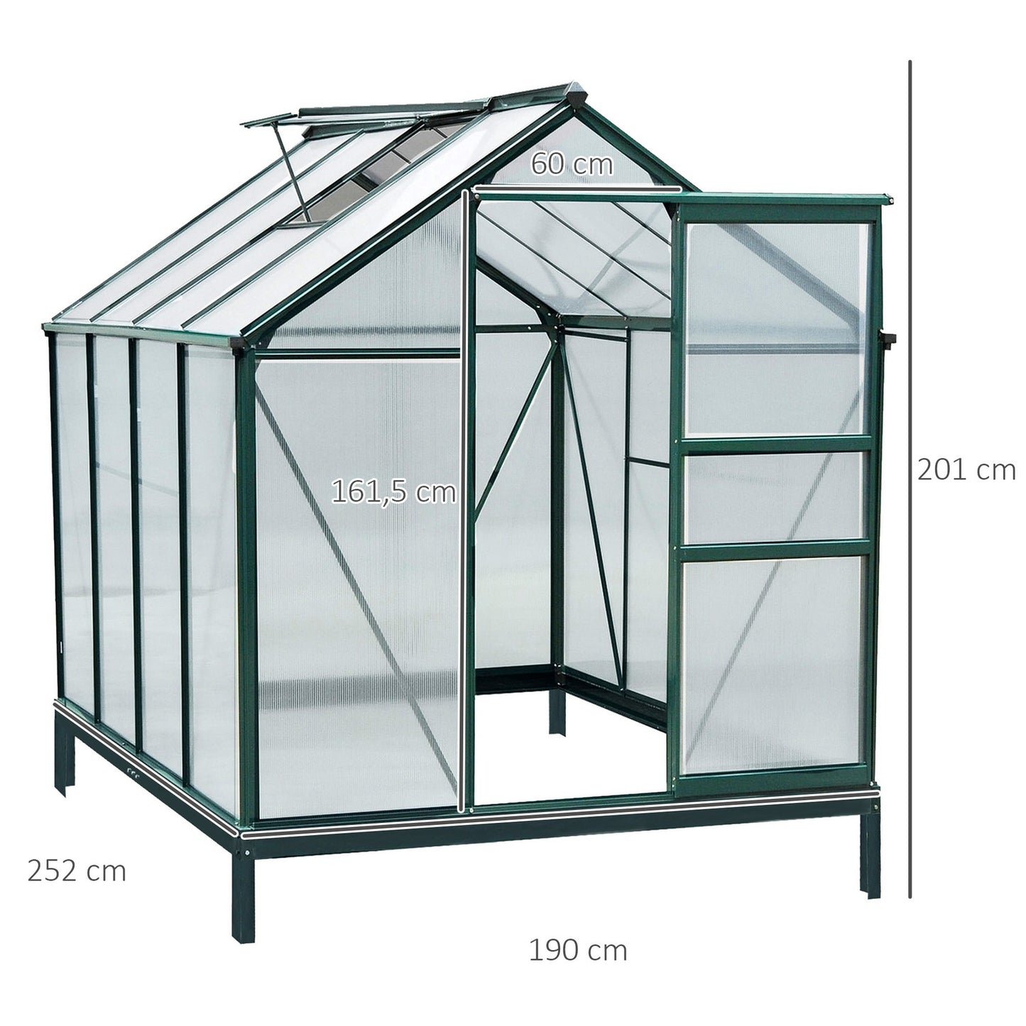 Aluminum frame Walk-In greenhouse, skylight and door, 190x252x201cm