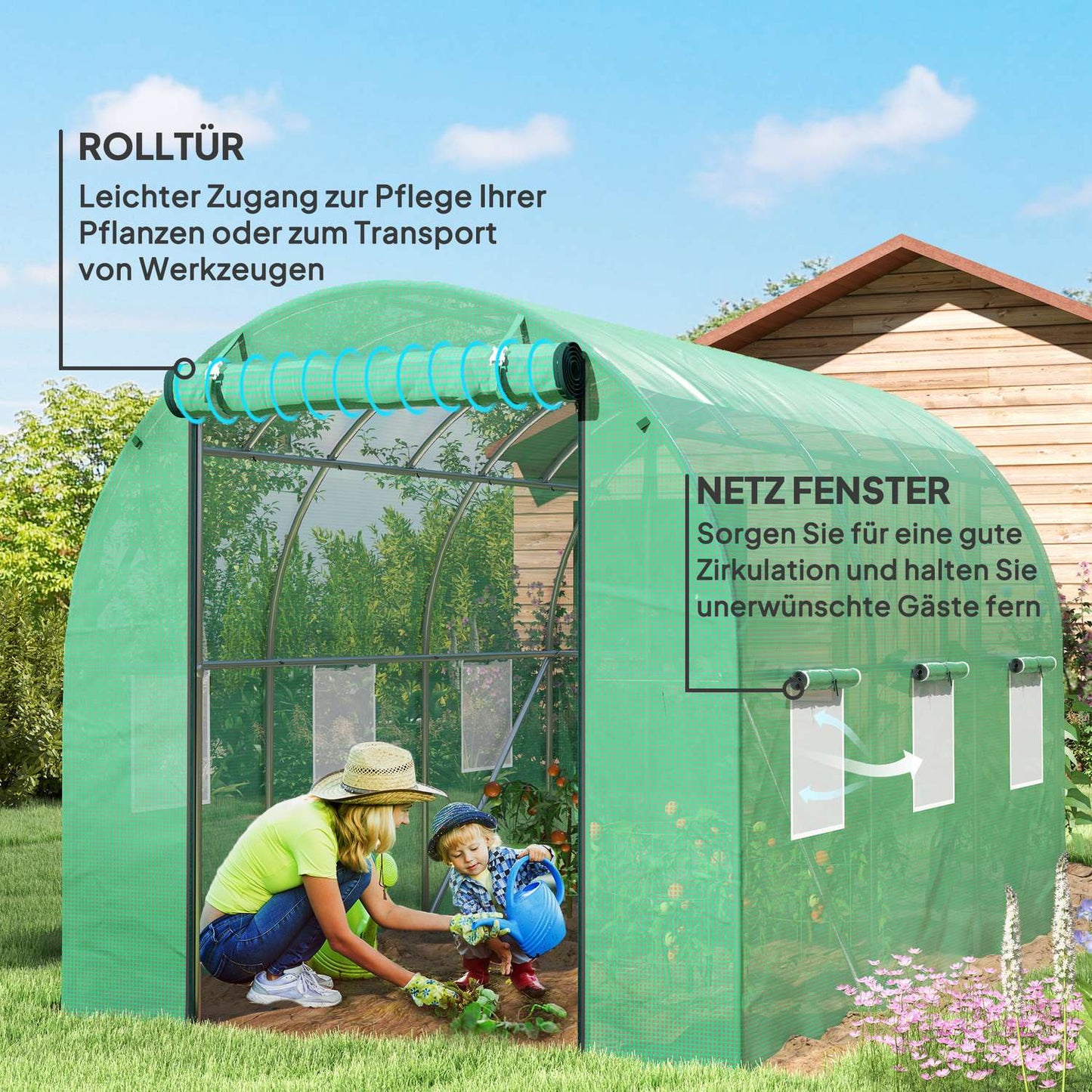 Greenhouse 3x2x2m UV resistant, roller door, 6 windows