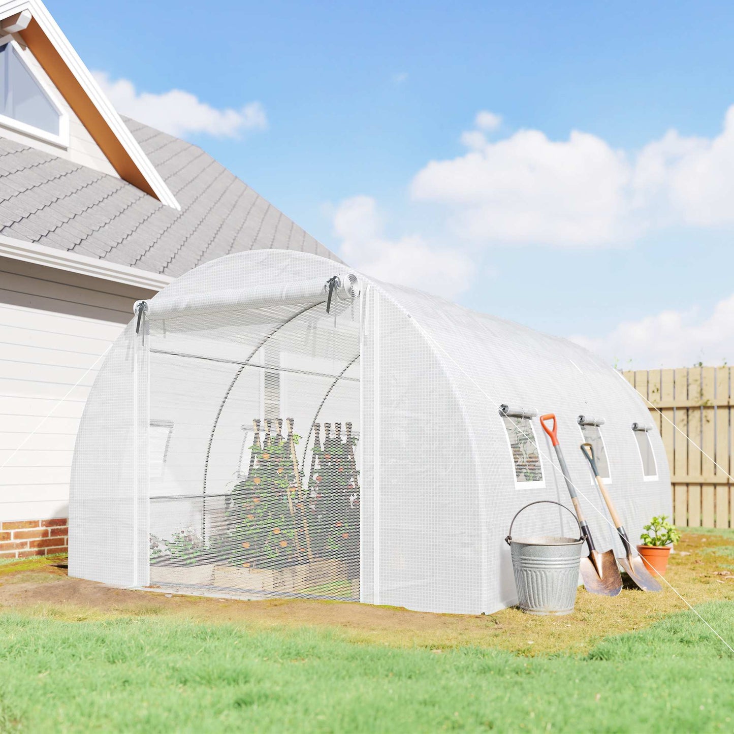 Greenhouse with PE Cover, Mesh Door, Support Rods, White