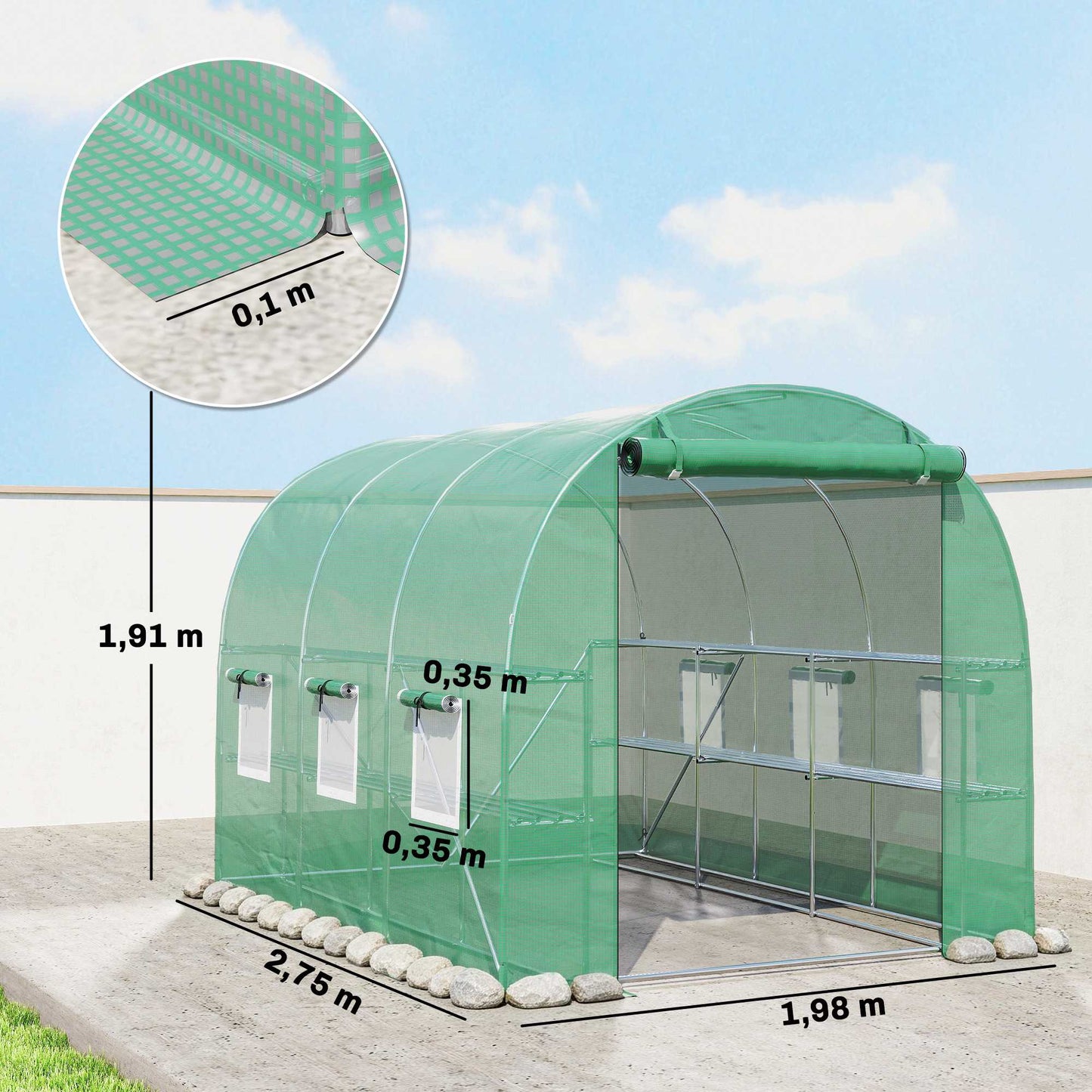 Greenhouse with Shelves, Roll-Up Door, 6 Mesh Windows