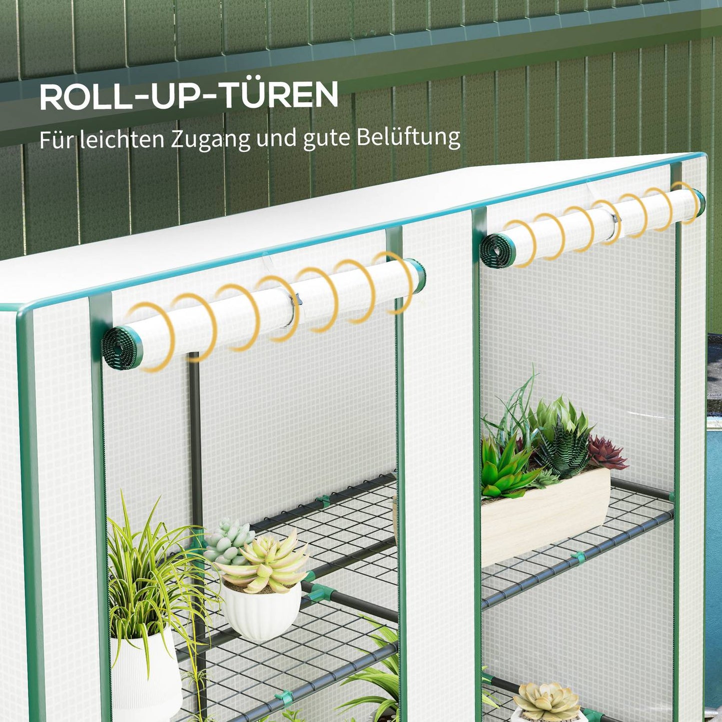 Nice roof greenhouse with shelves, steel frame, winterproof