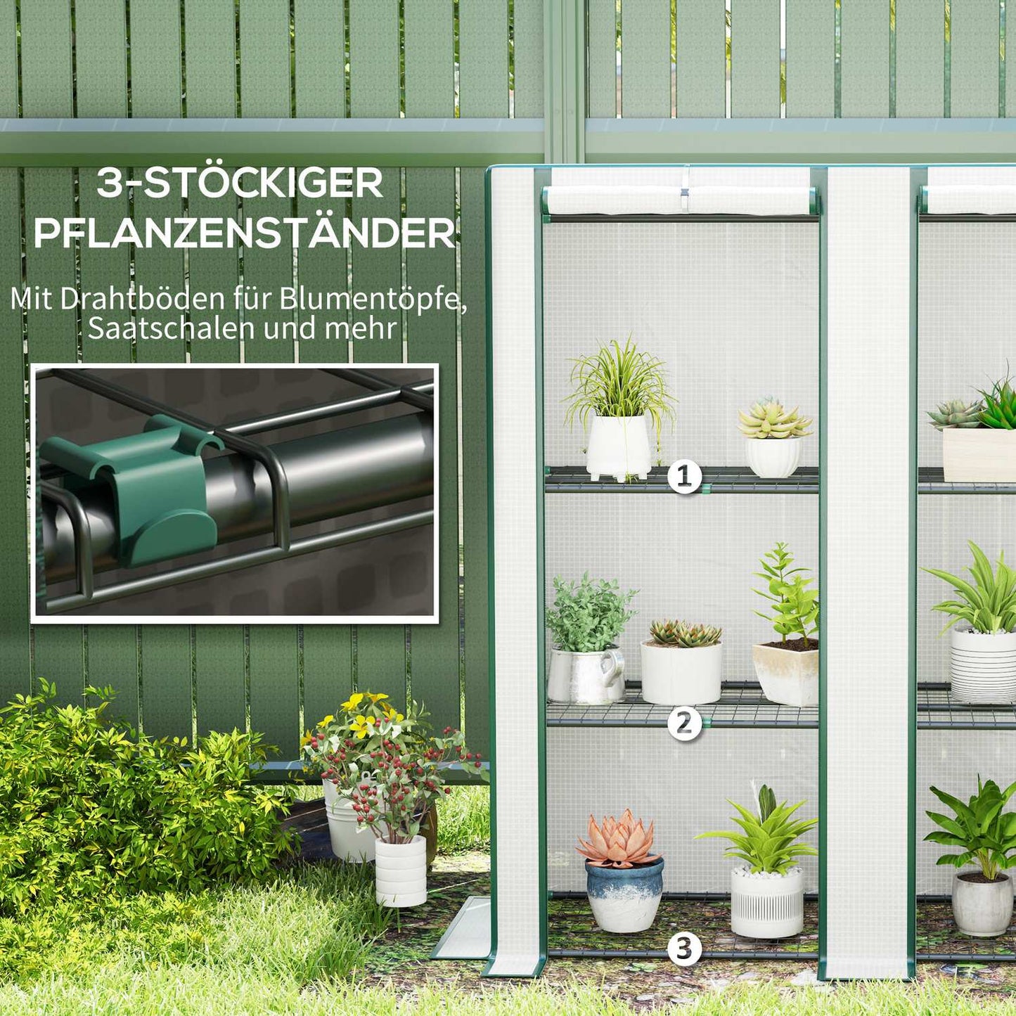 Nice roof greenhouse with shelves, steel frame, winterproof