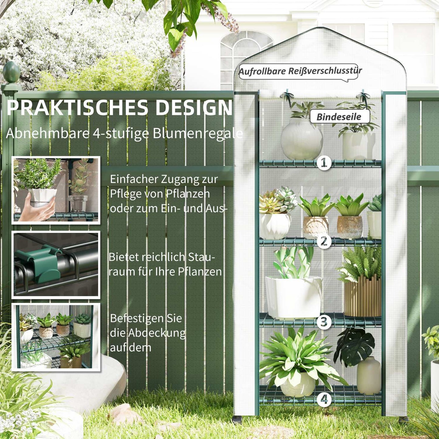 Steel frame Greenhouse with shelves, winterproof cover 69x50x165 cm