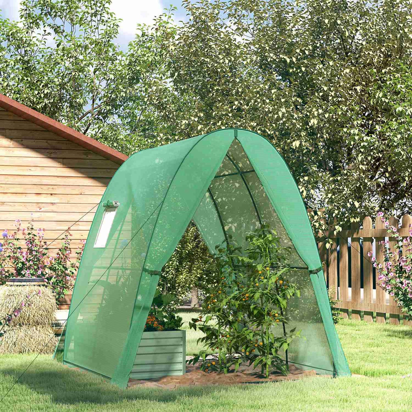 Winter-proof greenhouse made of steel foil with door and window