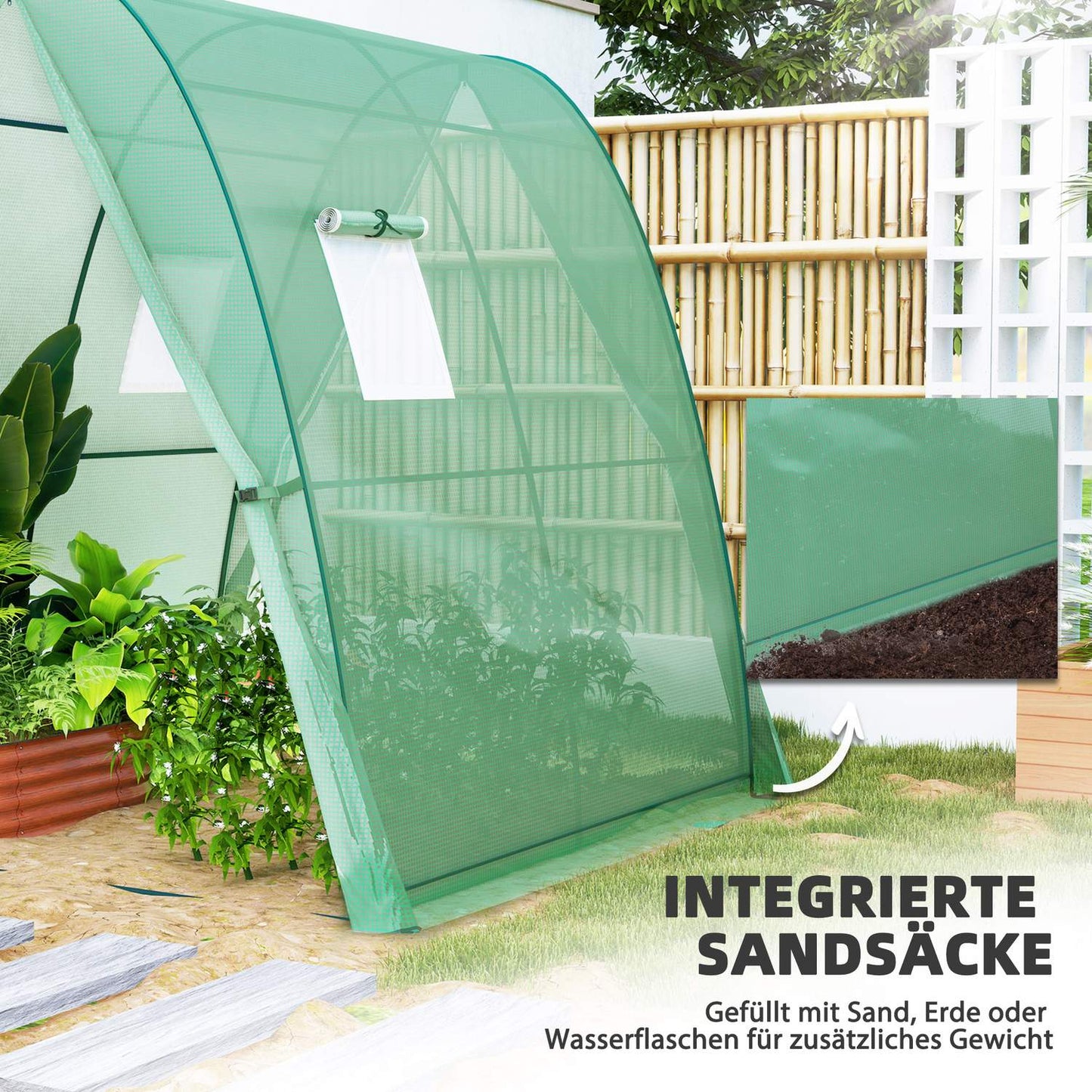 Winter-proof greenhouse made of steel foil with door and window