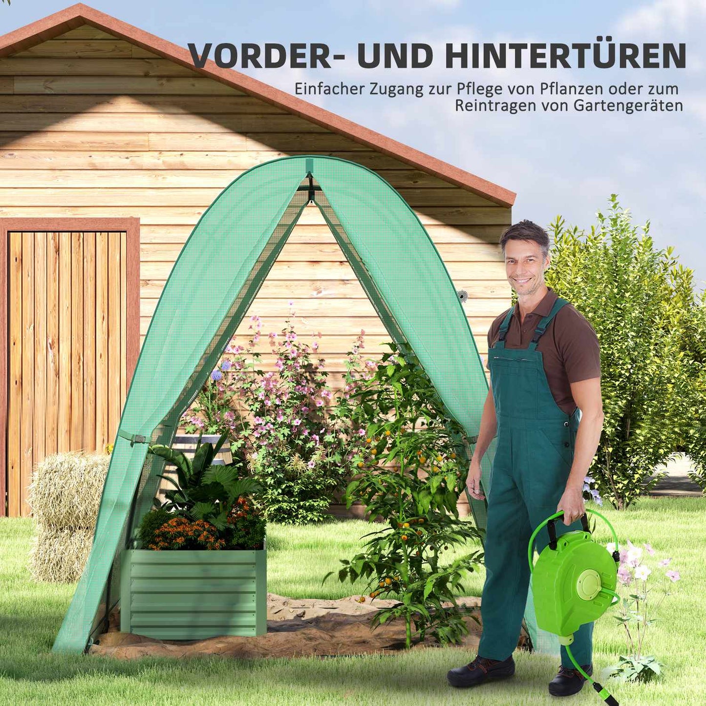 Winter-proof greenhouse made of steel foil with door and window