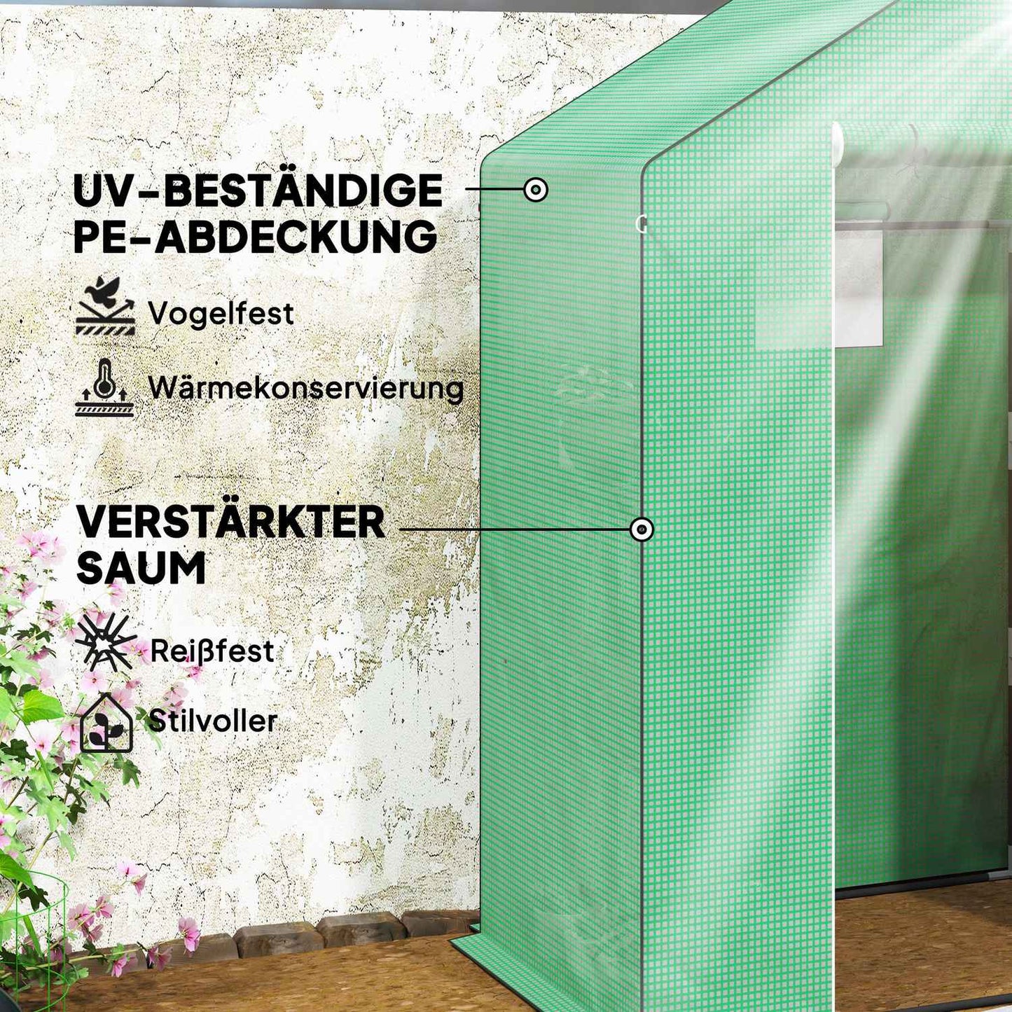 Greenhouse with shelves and roller door for tomatoes