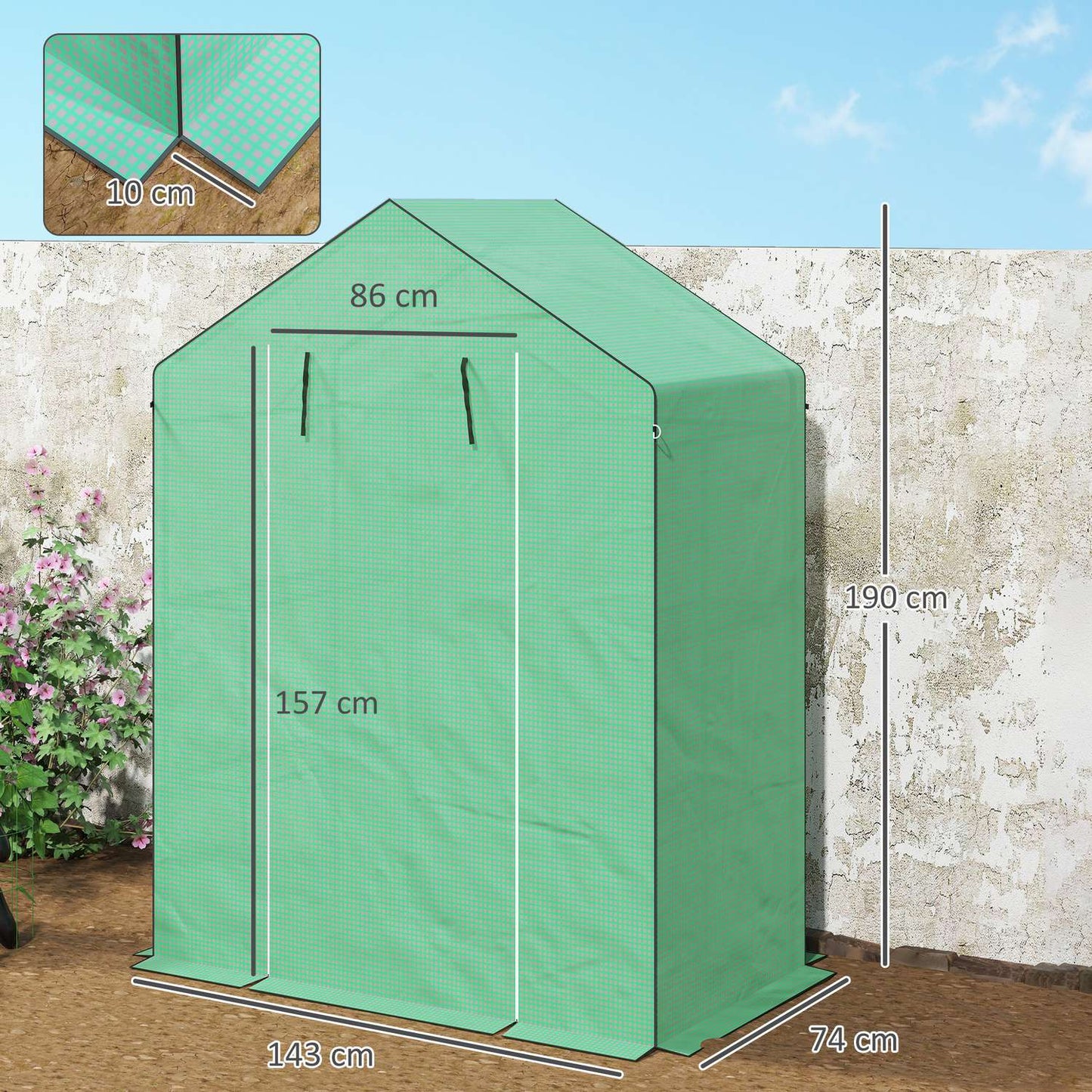 Greenhouse with shelves and roller door for tomatoes