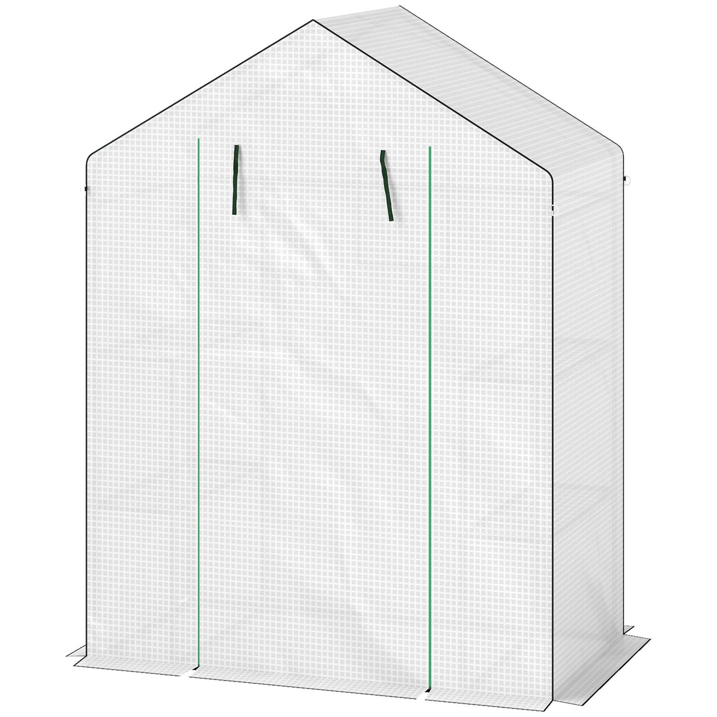 Greenhouse with rolling door and shelves for gardening