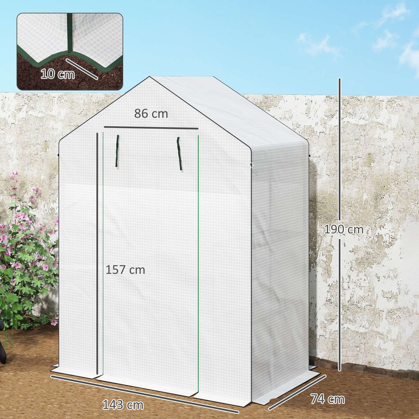 Greenhouse with rolling door and shelves for gardening
