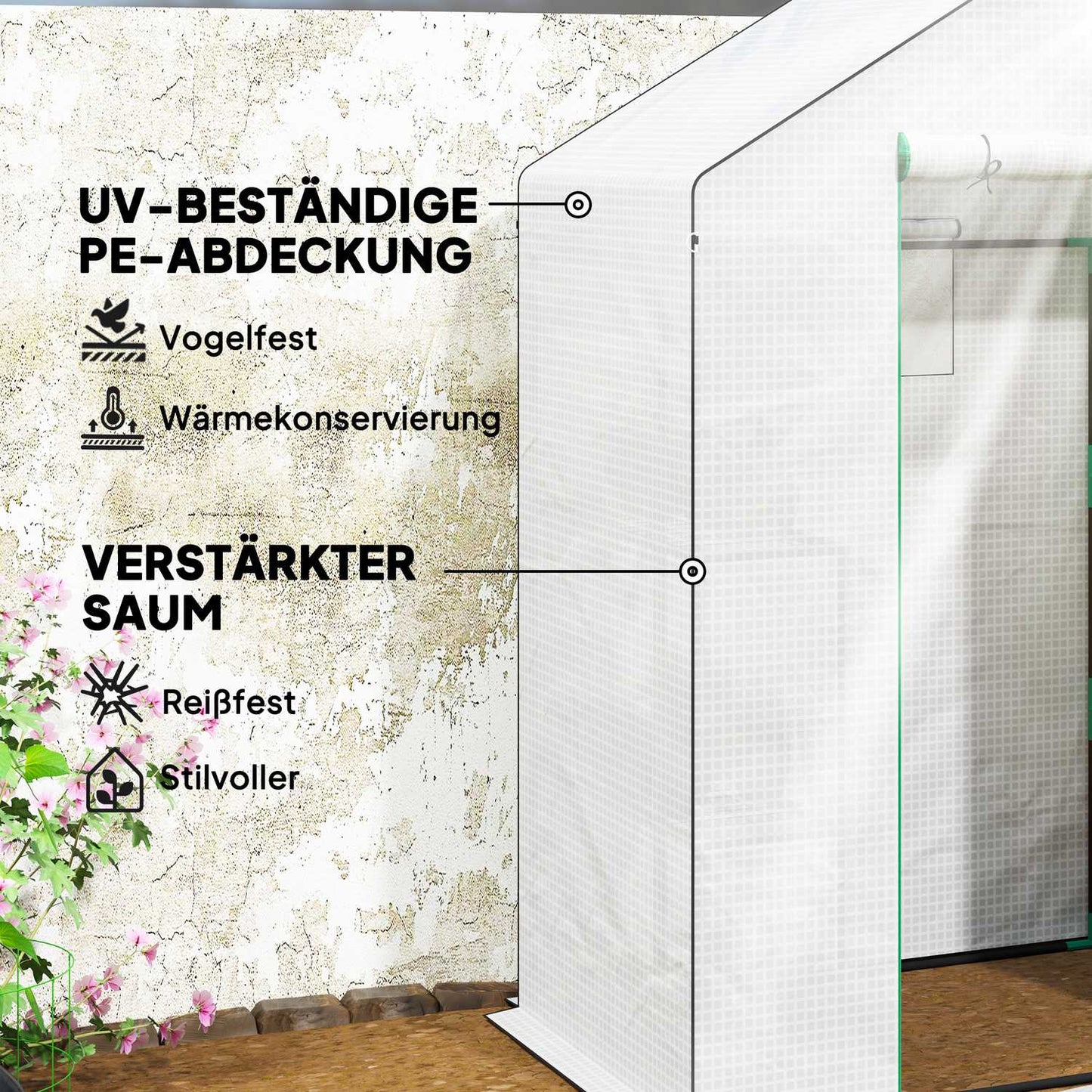 Greenhouse with rolling door and shelves for gardening