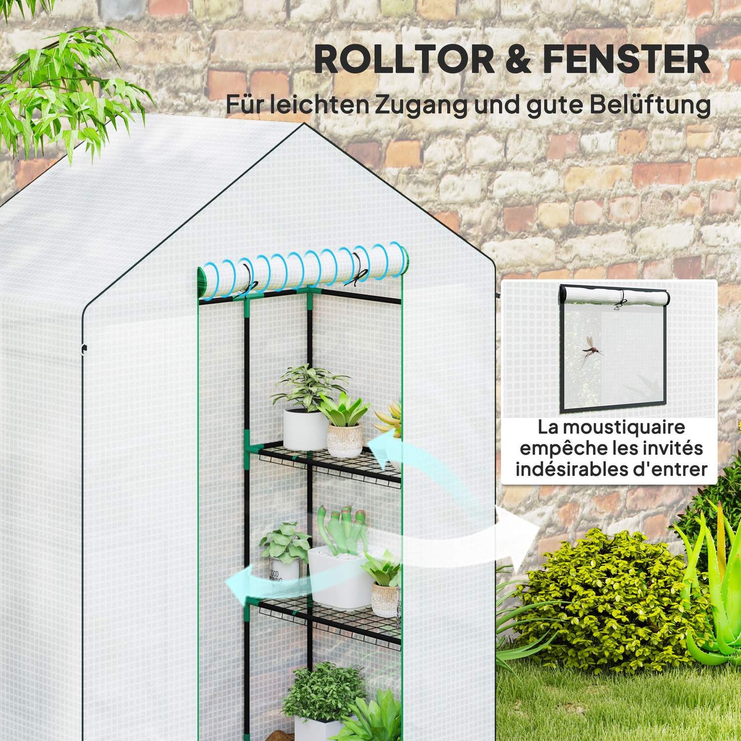 Greenhouse with rolling door and shelves for gardening