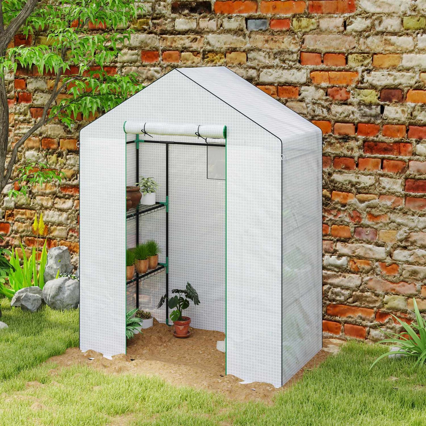 Greenhouse with rolling door and shelves for gardening