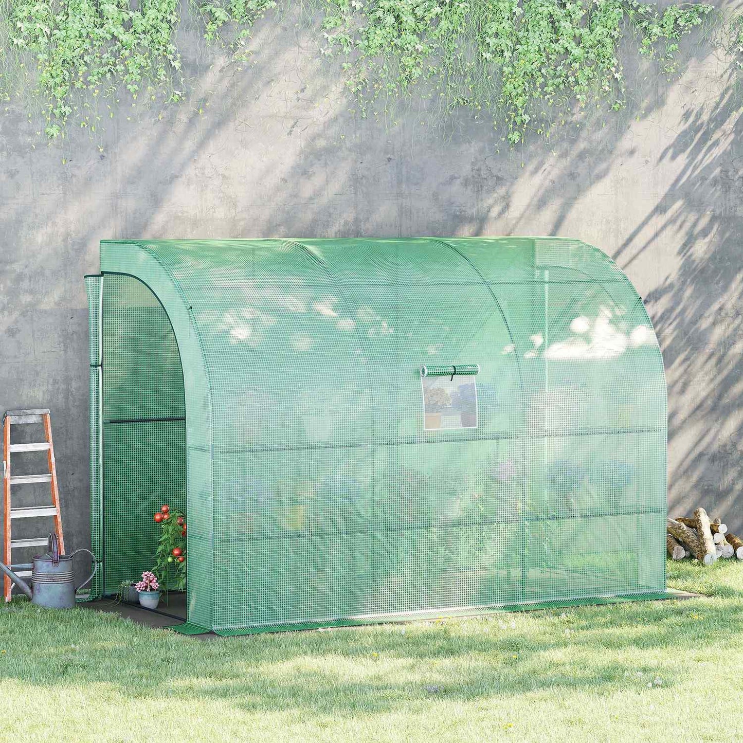 Wall-mounted steel greenhouse with shelves and windows