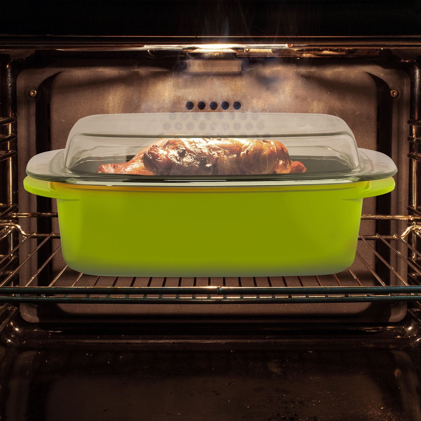 Green roaster with glass lid