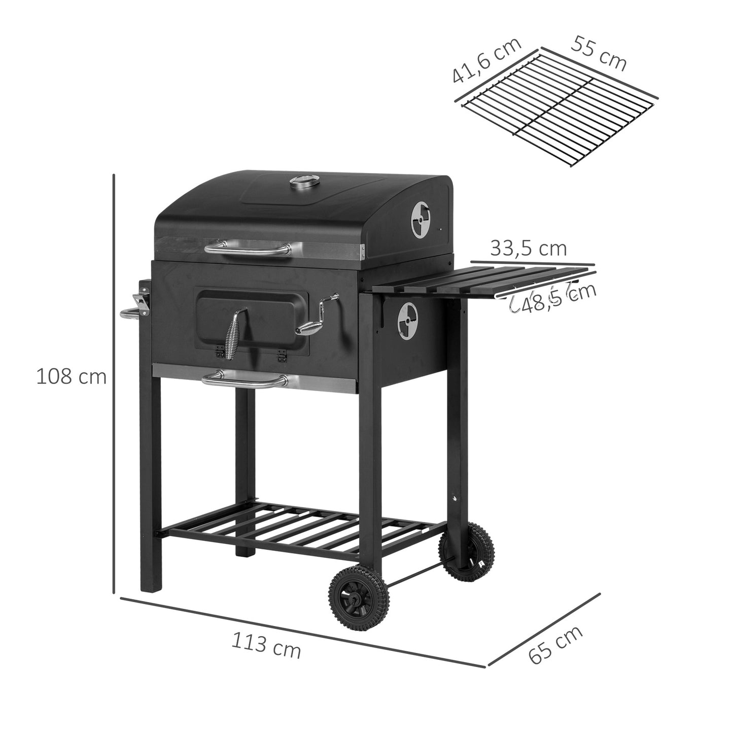 Charcoal BBQ Grill trolley, black stainless steel, 113x65x108 cm