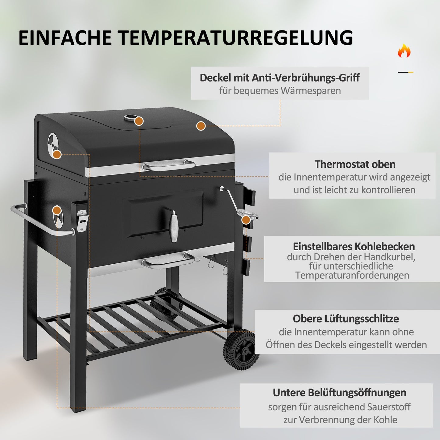 Charcoal BBQ Grill trolley, black stainless steel, 113x65x108 cm