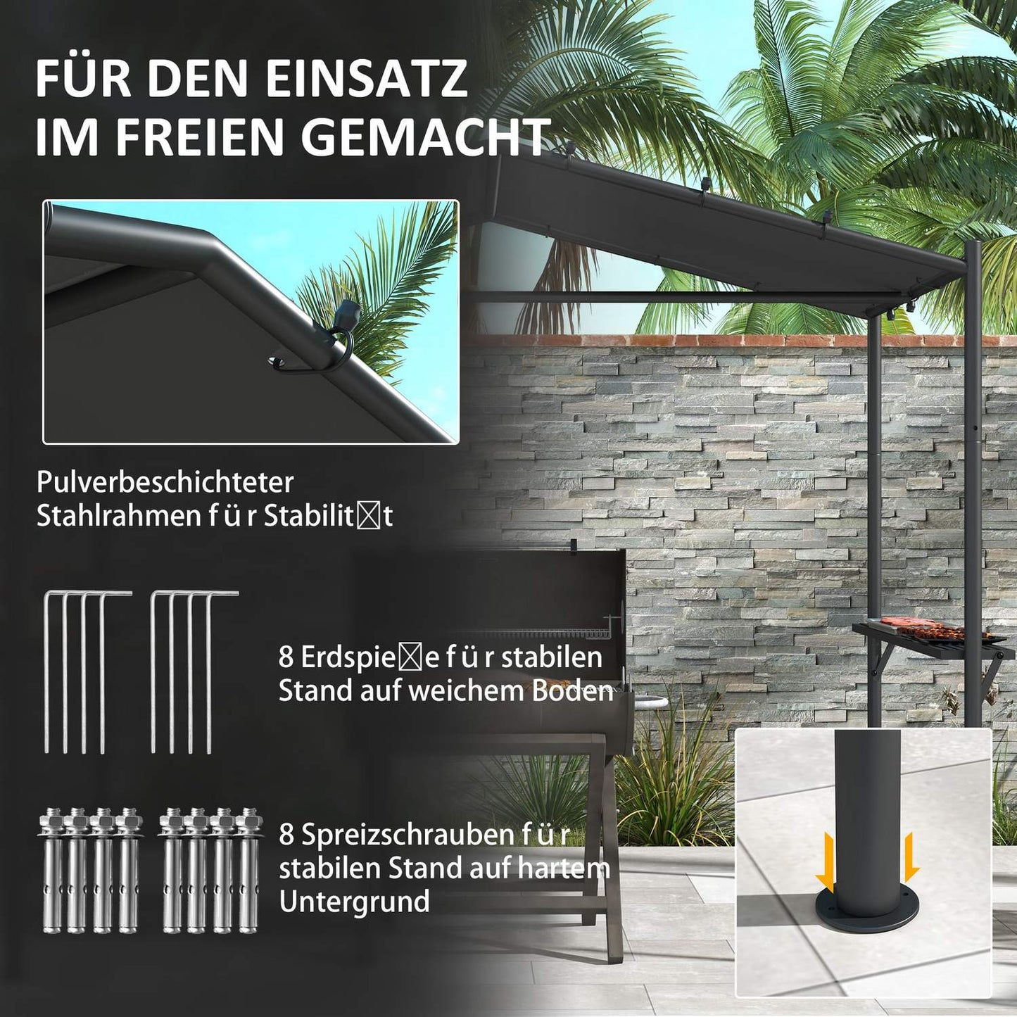 Weatherproof barbecue pavilion 3x1.5M with shelves, steel