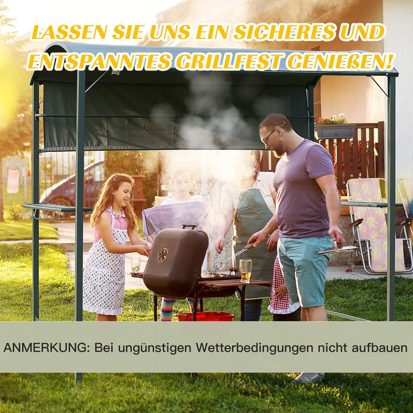 Grill pavilion with flameproof roof, black, 218x138x216cm