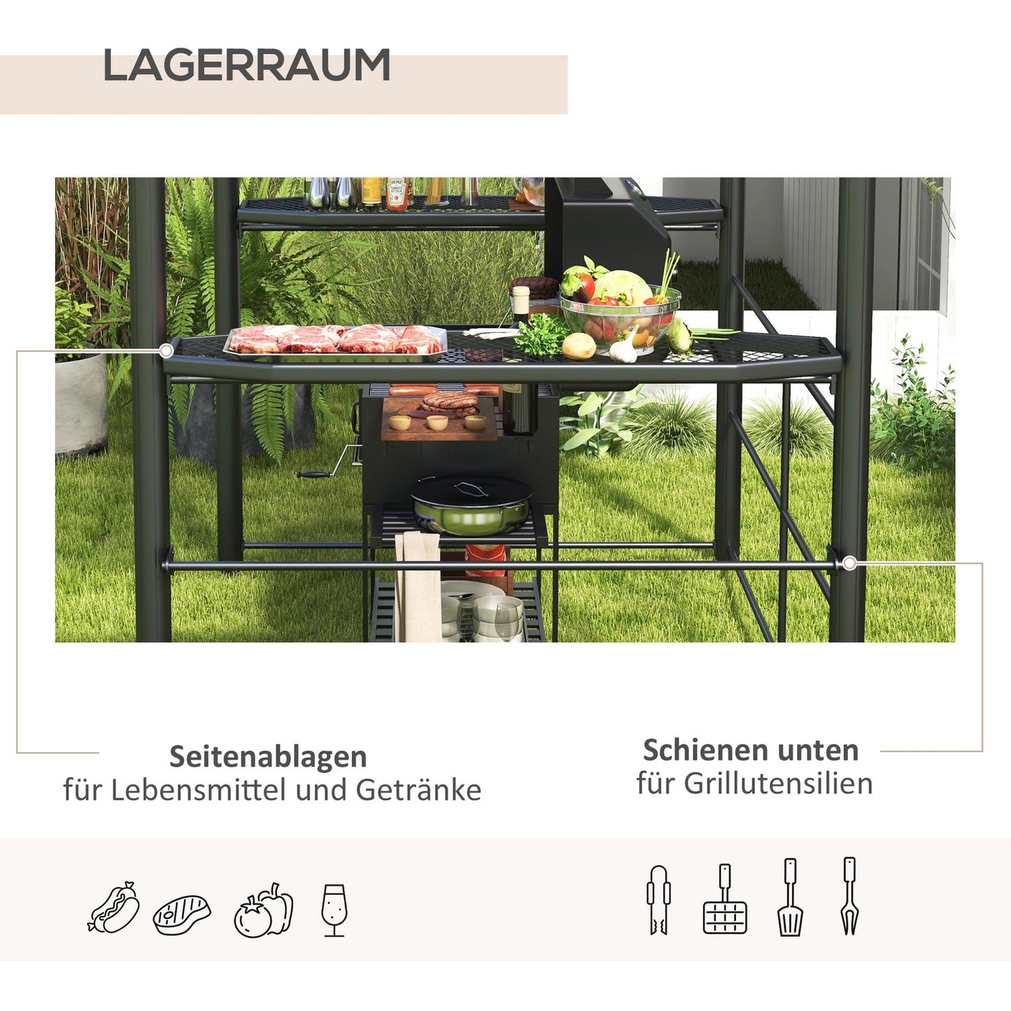 BBQ Pavilion with UV protection & 2 shelves, dark grey
