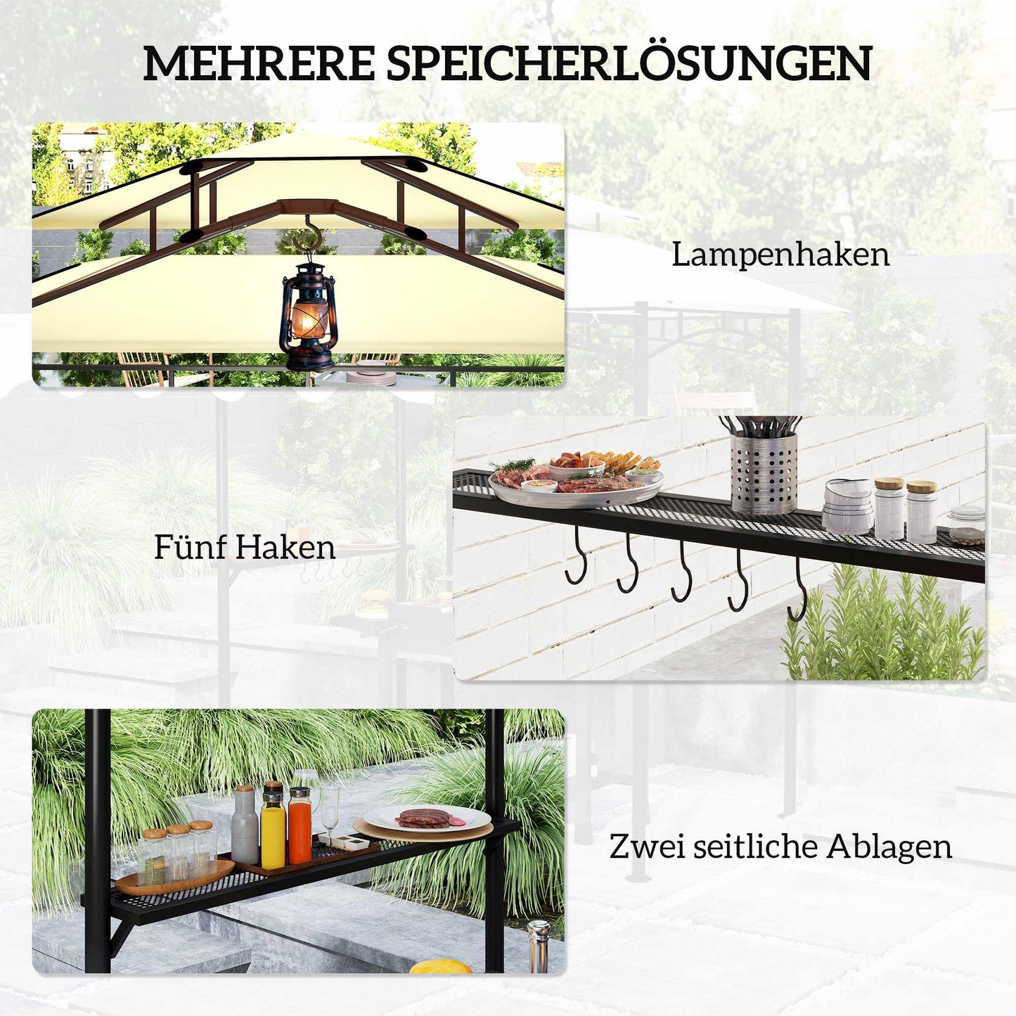 Grill Pavilion with Adjustable Awning and Shelves
