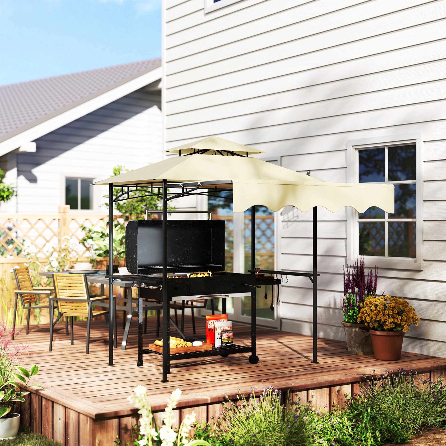 Grill Pavilion with Adjustable Awning and Shelves