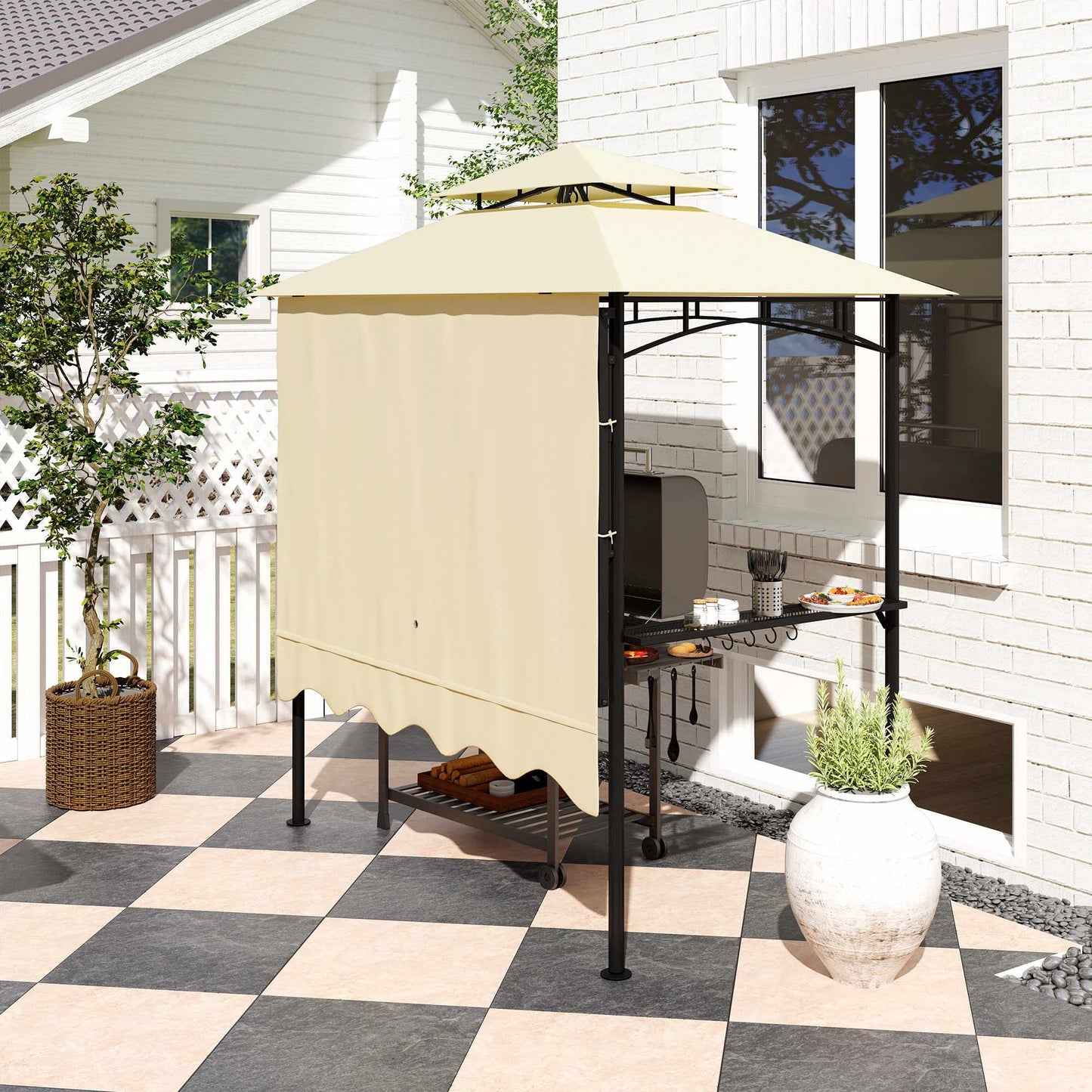 Grill Pavilion with Adjustable Awning and Shelves