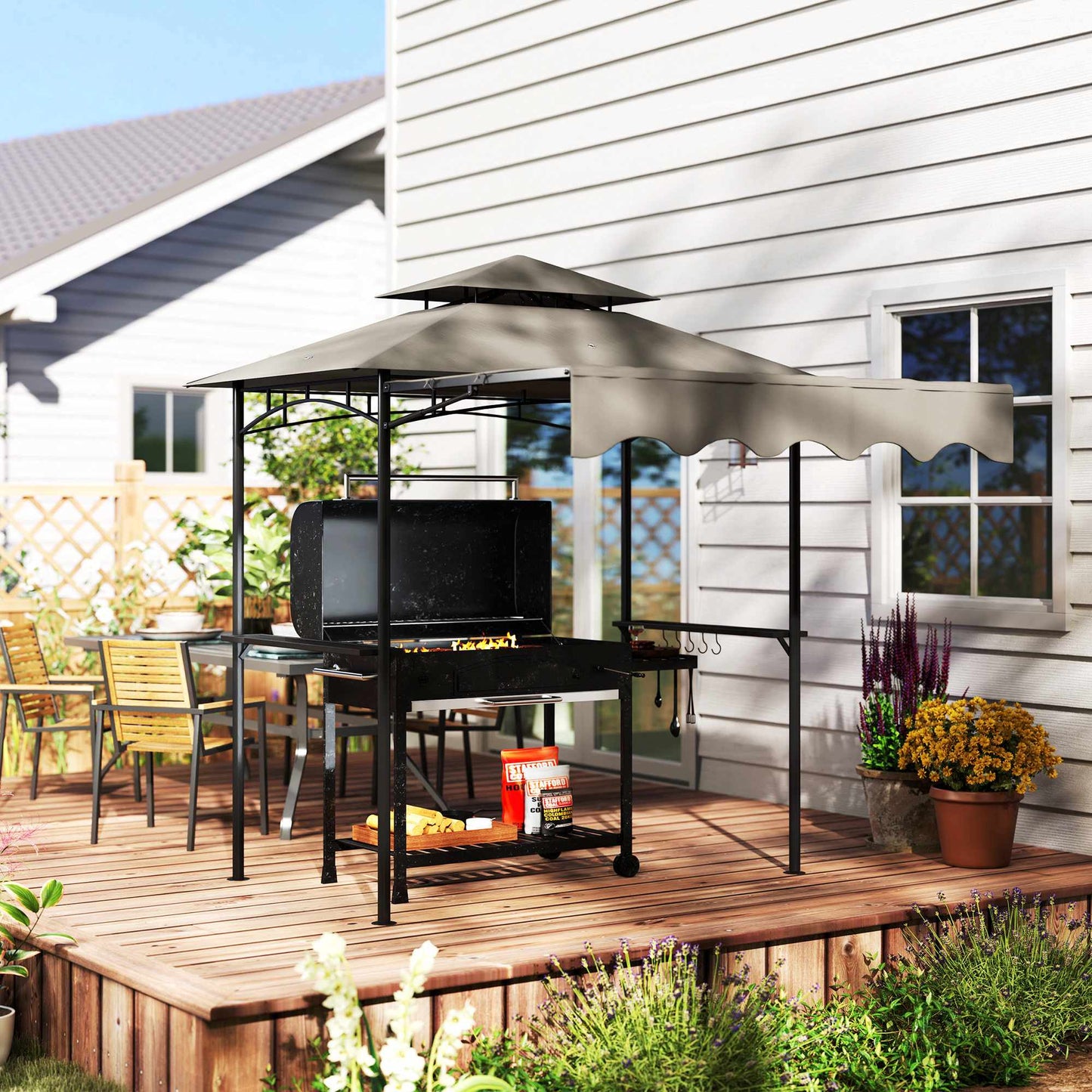 Grill Pavilion with Adjustable Canopy and Shelves