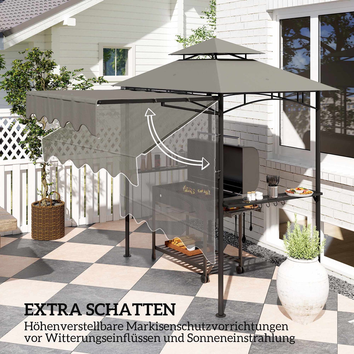 Grill Pavilion with Adjustable Canopy and Shelves