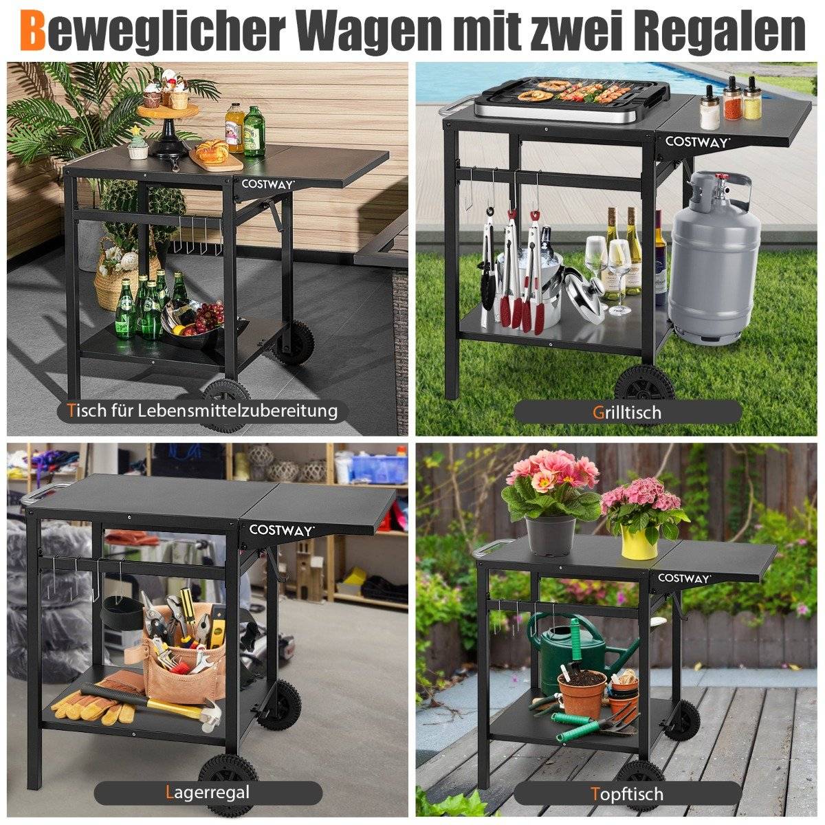 Grill cart with folding table top & 2 shelves & 4 hooks Movable camping table