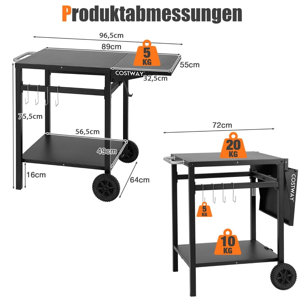 Grill cart with folding table top & 2 shelves & 4 hooks Movable camping table