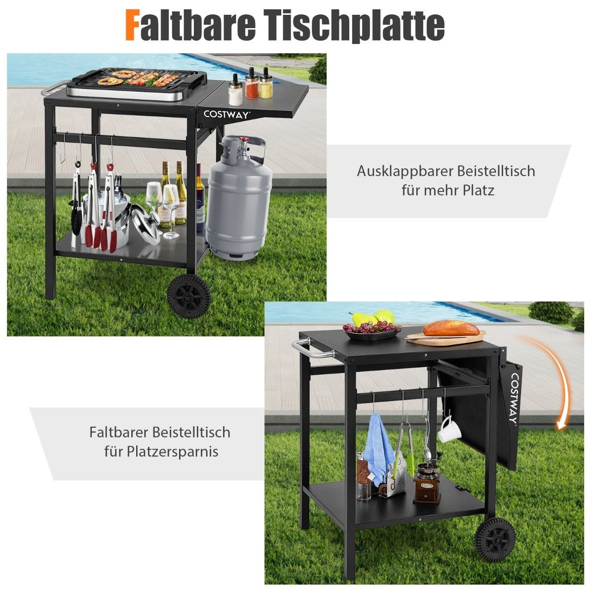 Grill cart with folding table top & 2 shelves & 4 hooks Movable camping table