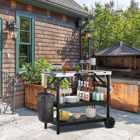 Grill table with 3 shelves & mobile phone stand & spice rack & towel holder serving cart