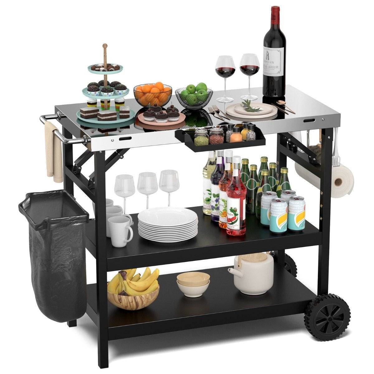 Grill table with 3 shelves & mobile phone stand & spice rack & towel holder serving cart