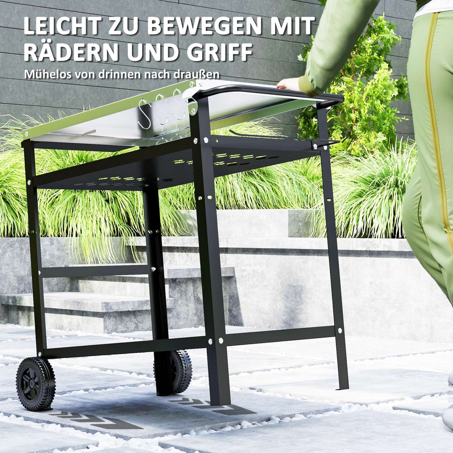 Adjustable 3-tier outdoor barbecue cart with wheels