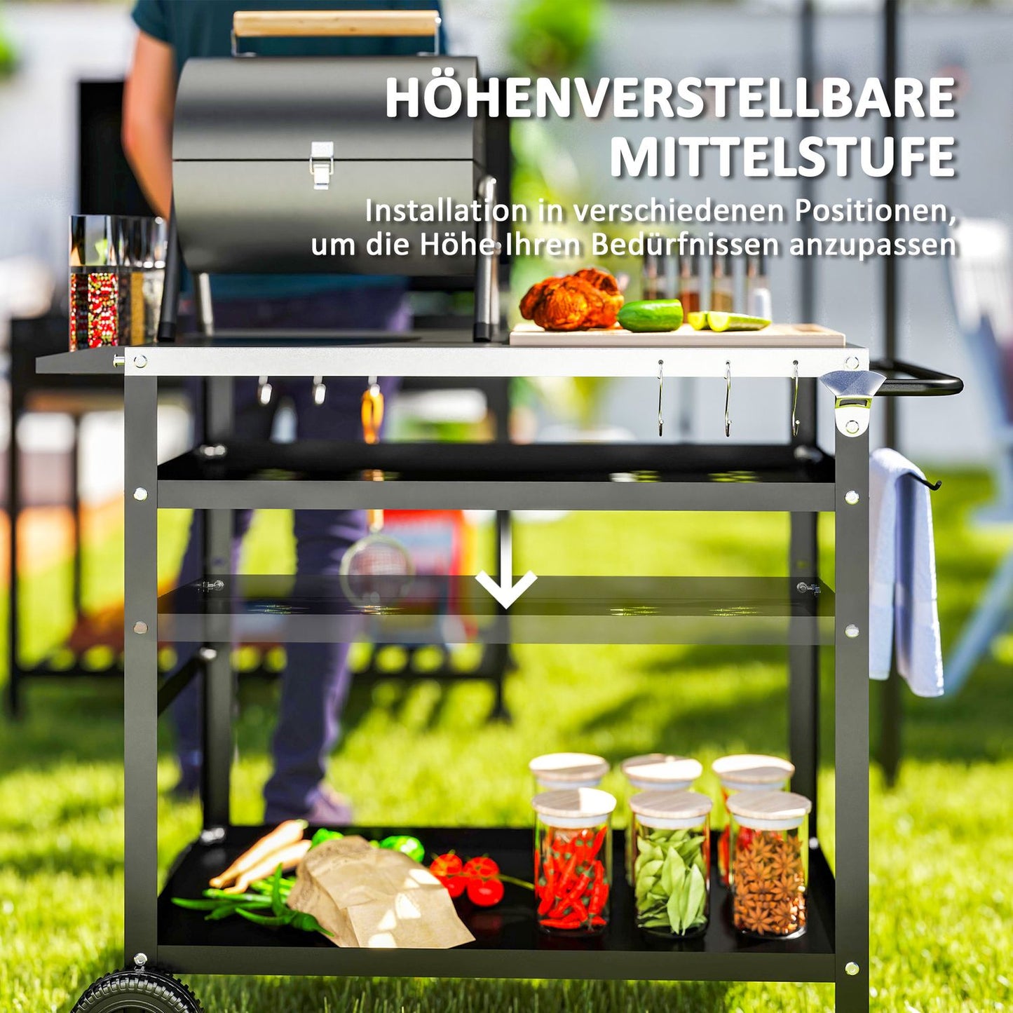 Adjustable 3-tier outdoor barbecue cart with wheels