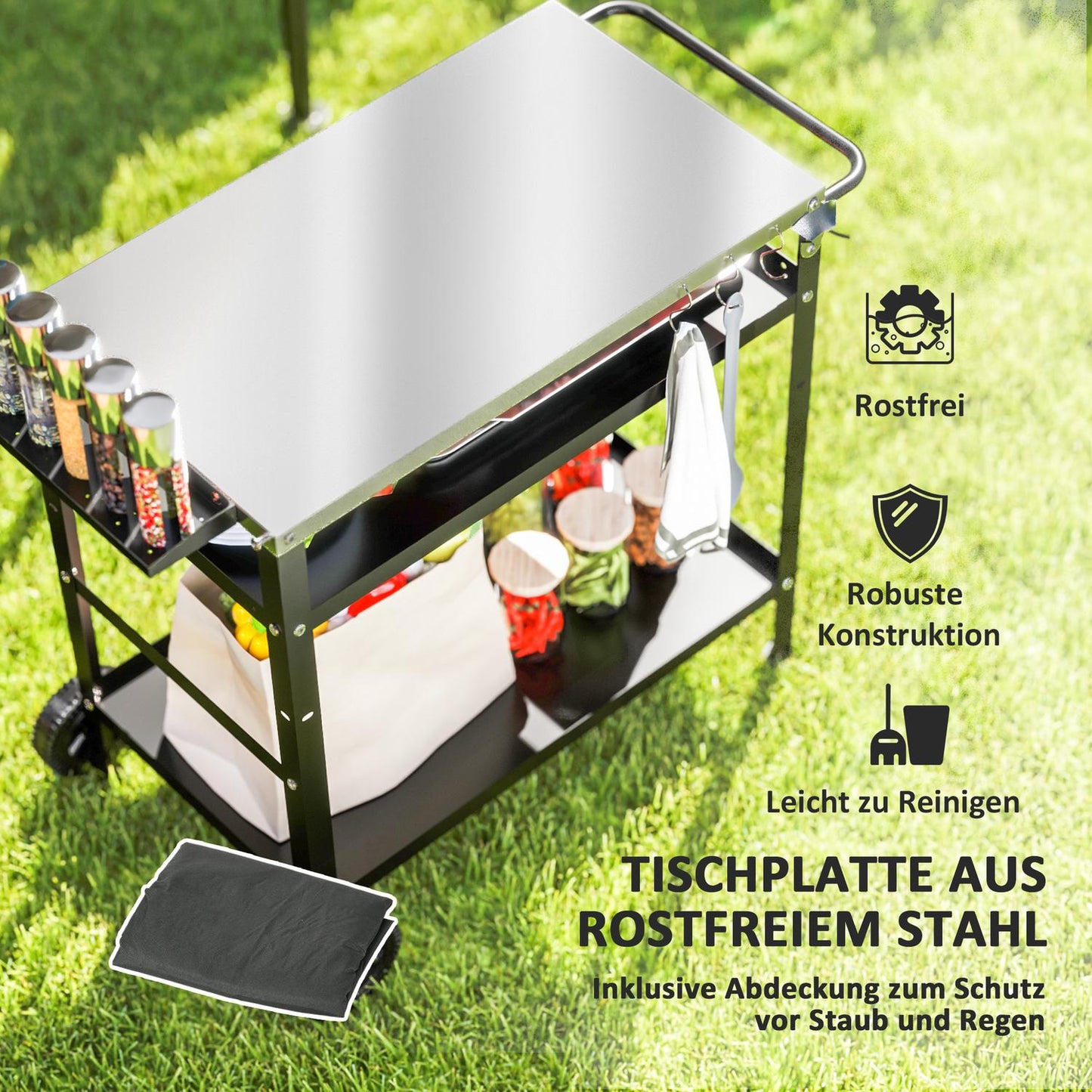 Adjustable 3-tier outdoor barbecue cart with wheels